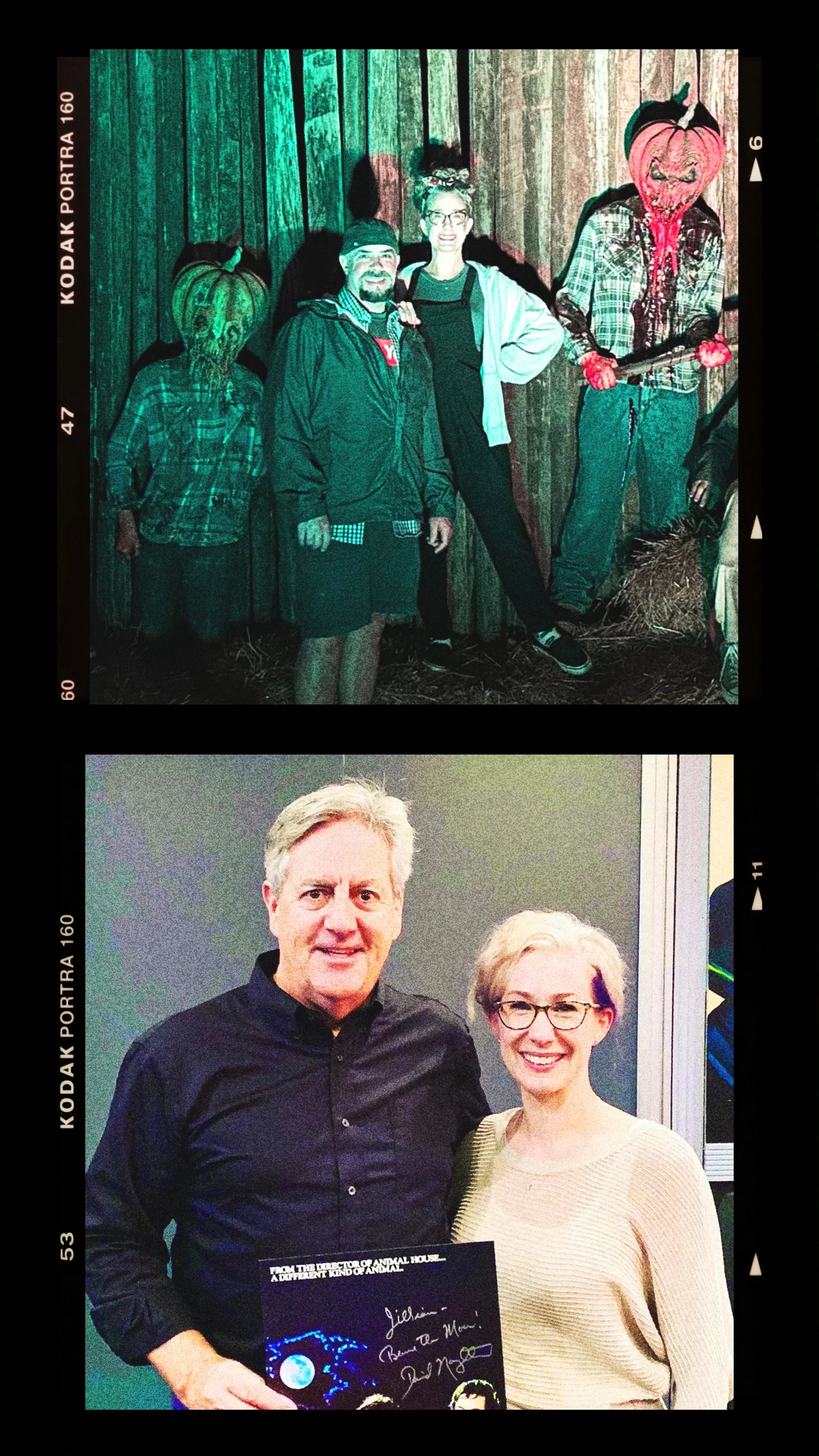 Two photos: one shows people posing with creepy pumpkin-head monsters outside a wooden wall; the other is a smiling pair indoors holding a signed horror movie poster.