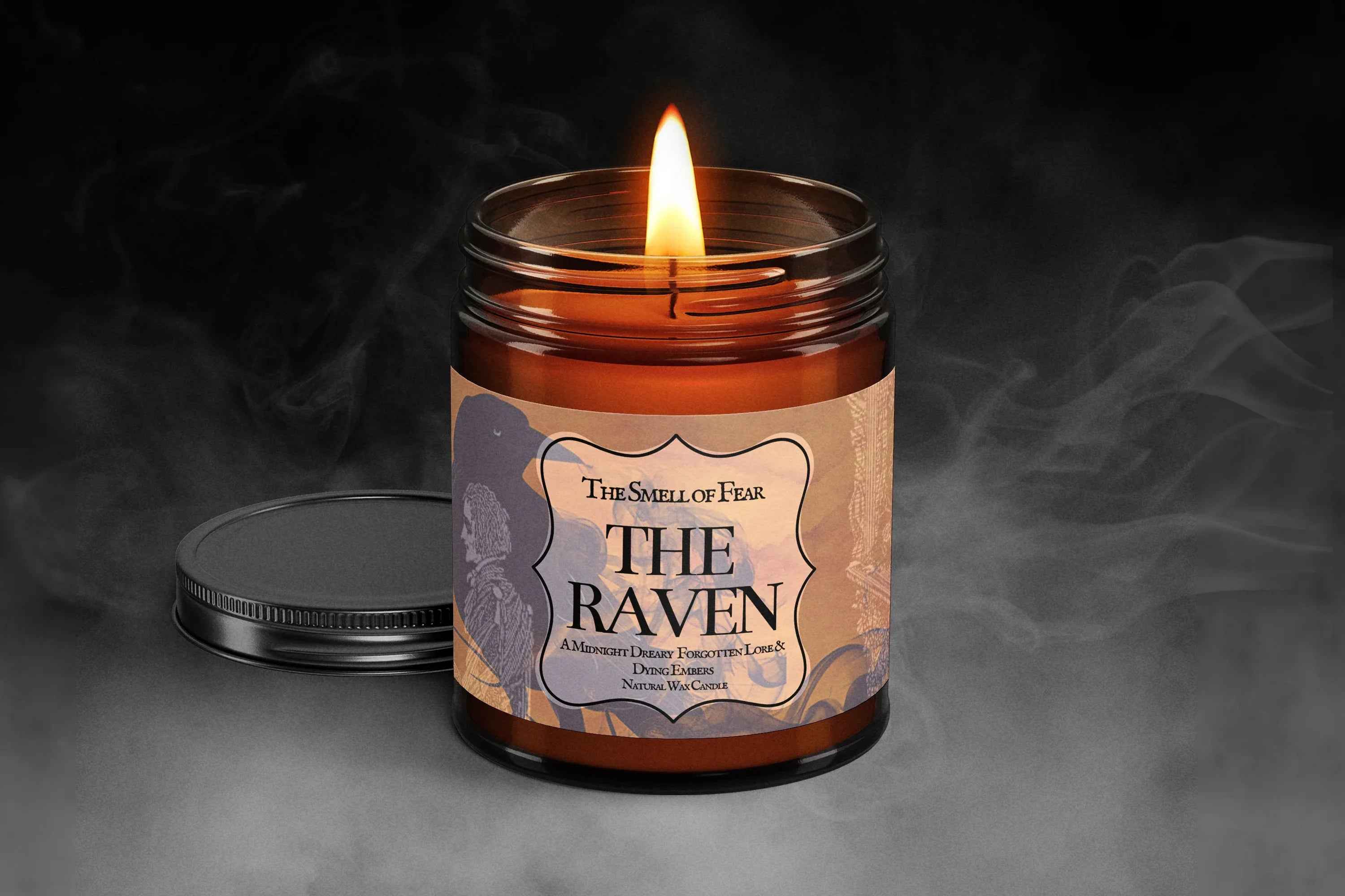 Lit gothic horror candle labeled The Raven with smoky background and dark jar