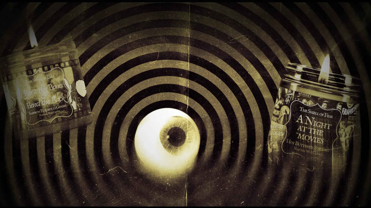 Vintage horror candle jars and burning flames with a large hypnotic eye and spiral background