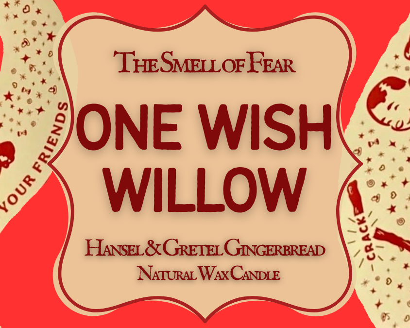 Advertisement for 'One Wish Willow' candle with decorative elements on a red background