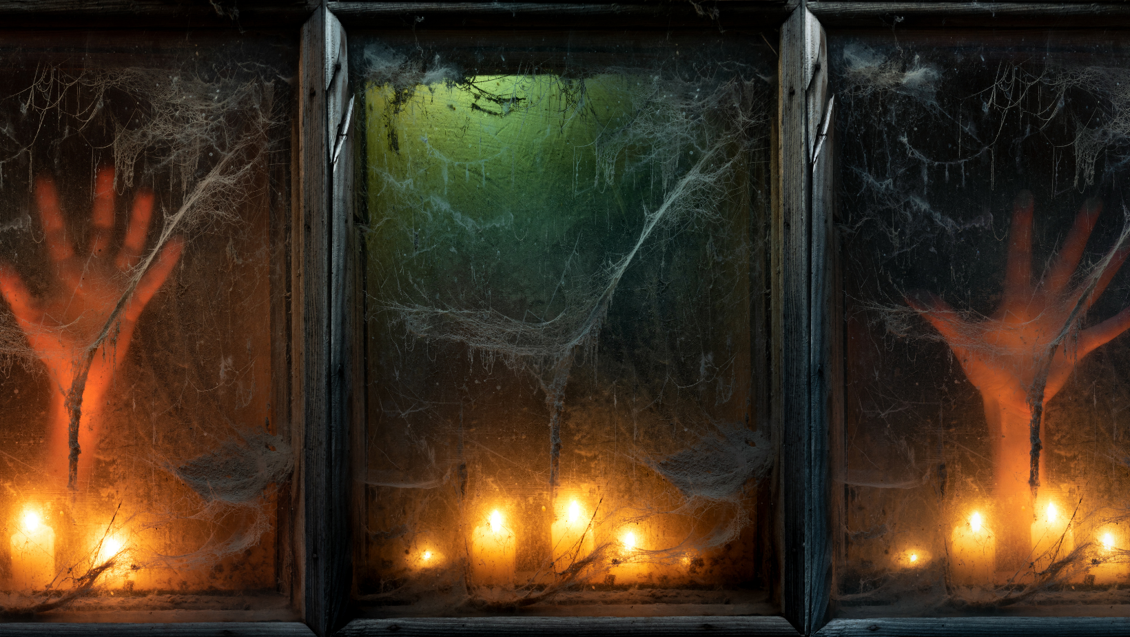 Three windows in a row, all dark. Windows on either end have outstreched hands behind them and lit candles along the sil. Middle window has green light emanating from top and lit candles at the bottom. All windows obscured by cracks & spider webs